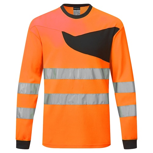 Portwest PW221 PW2 Hi-Vis T-Shirt Long Sleeved T Shirt Orange / Black Small