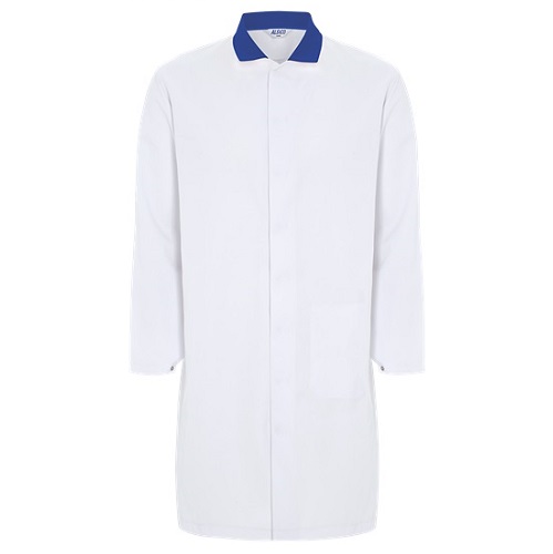 Mens Food Coat White with Blue Collar 36"